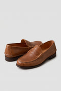 Faux Leather Penny Loafers in Tan — studio front