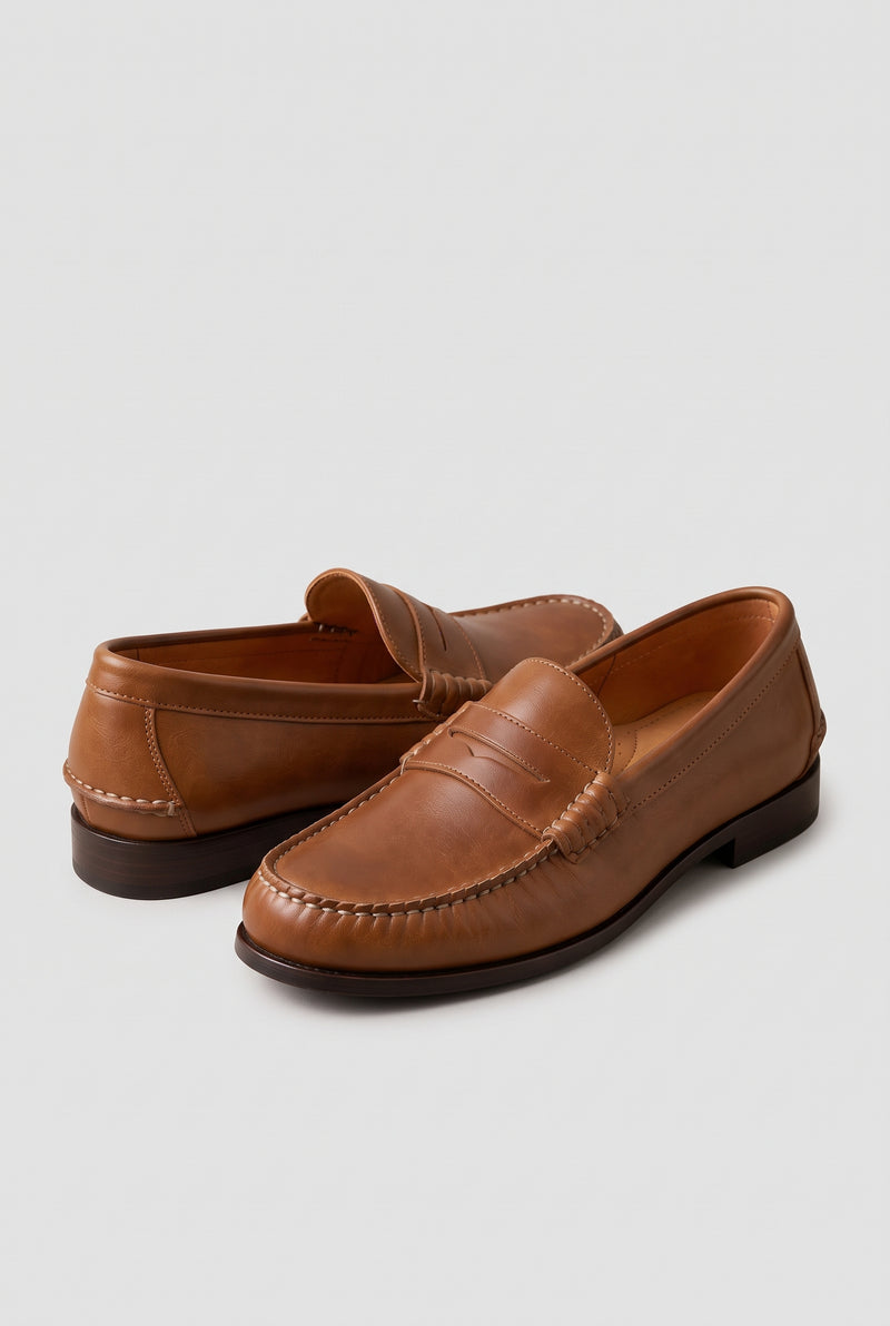 Faux Leather Penny Loafers in Tan — studio front