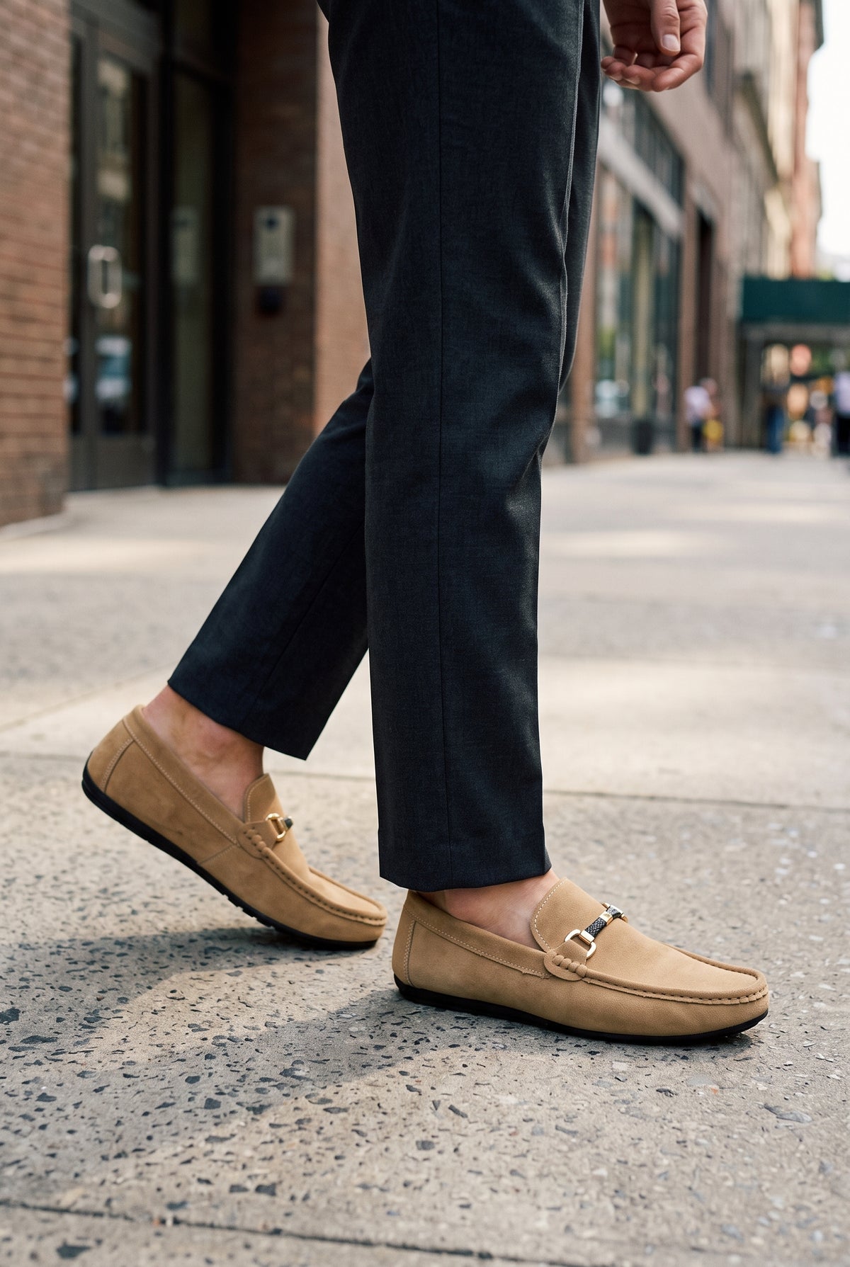 Suede Buckle Loafers in Tan — lifestyle