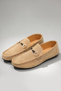 Suede Buckle Loafers in Tan — studio front