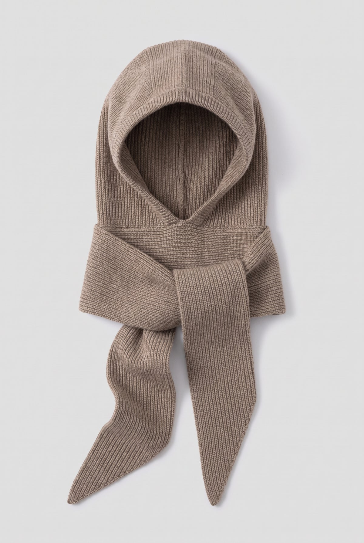 Cashmere Hooded Scarf Balaclava in Taupe — studio front