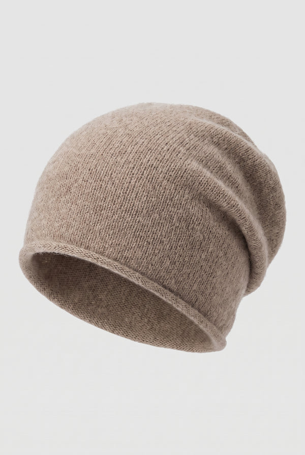 Cashmere Knit Beanie in Taupe — studio front