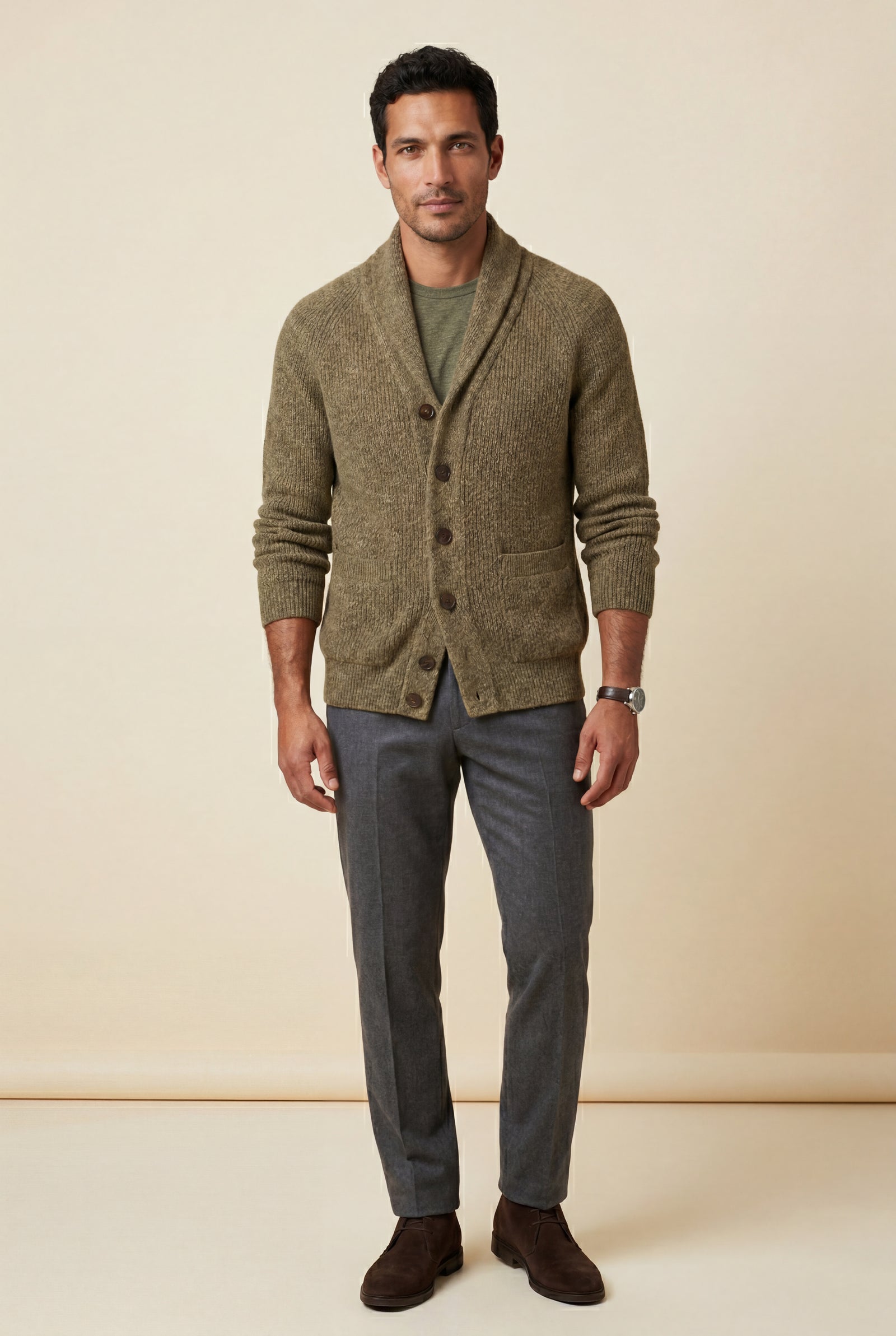 Taupe Chunky Ribbed Shawl Collar Cardigan with Button Front - Photo 1