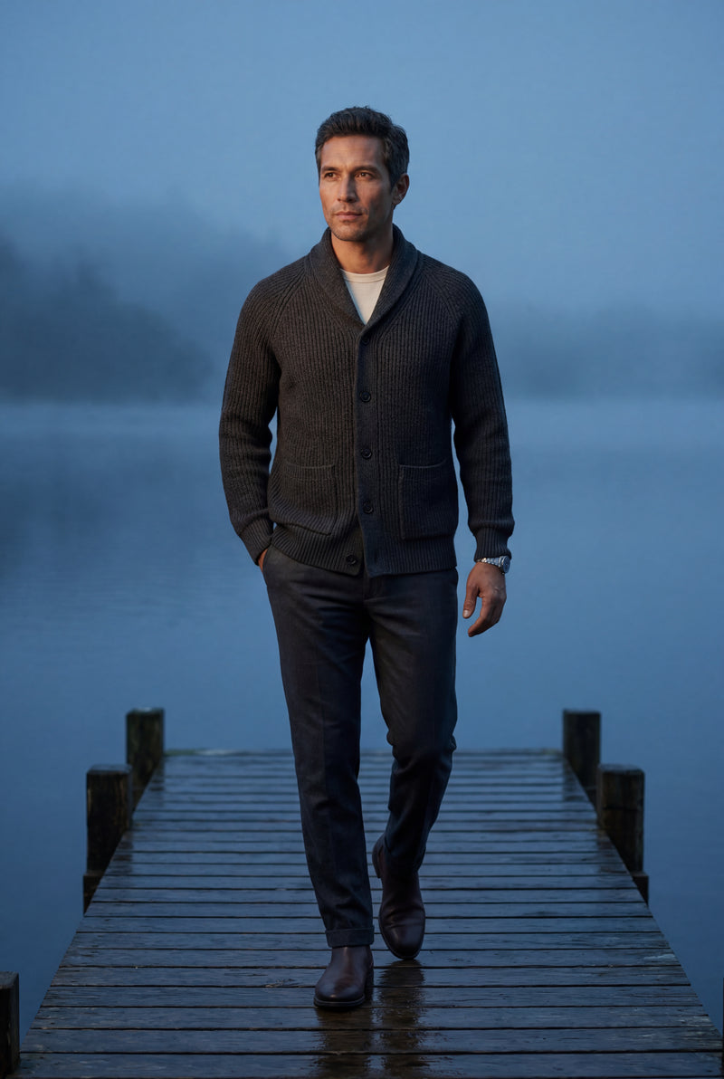 Black Chunky Ribbed Shawl Collar Cardigan with Button Front - Photo 7