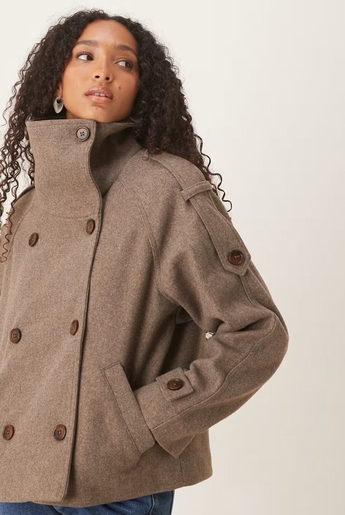Funnel-Collar Cropped Pea Coat in Taupe — detail