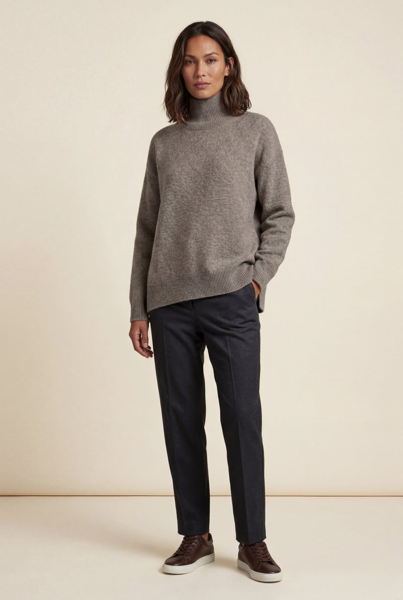 Taupe Heathered Taupe Oversized Turtleneck Sweater with Side Slits - Photo 1