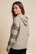 Taupe Oversized Cable Hoodie with Checked Sleeves - Oversized hoodie - Photo 2