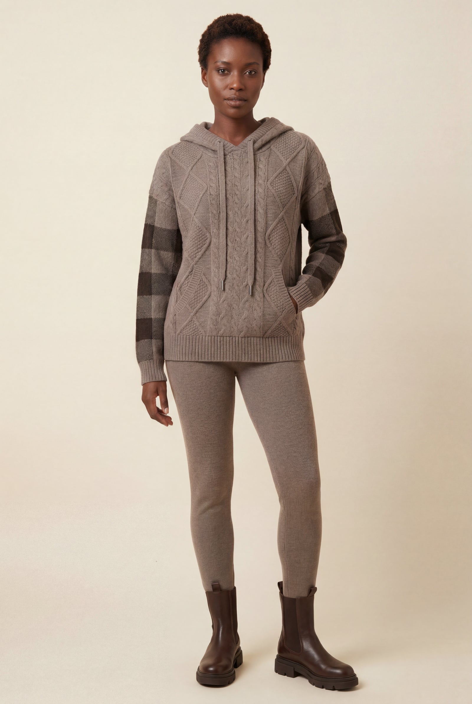 Taupe Oversized Cable Hoodie with Checked Sleeves - Oversized hoodie - Photo 3