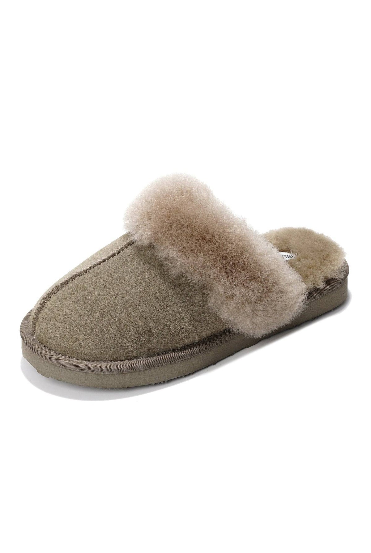 Shearling Open-Back Slippers in Taupe — front view