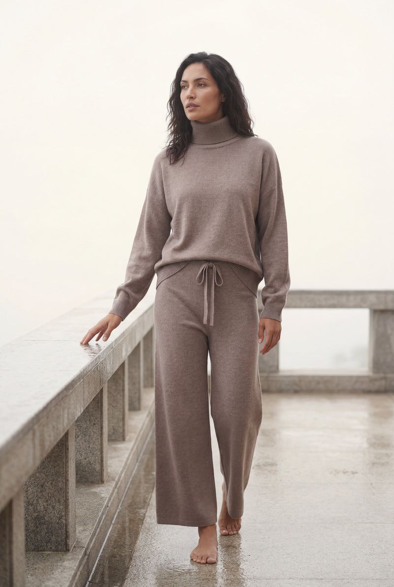 Taupe Taupe Relaxed Turtleneck Lounge Set with Wide Leg Pants - Loungewear set - Photo 4