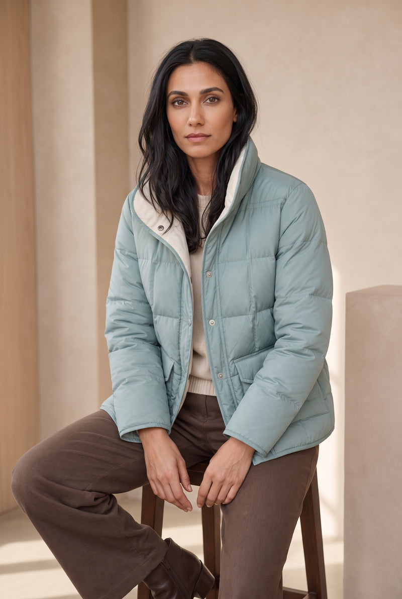 Reversible Quilted Down Jacket in Deep Teal — studio front