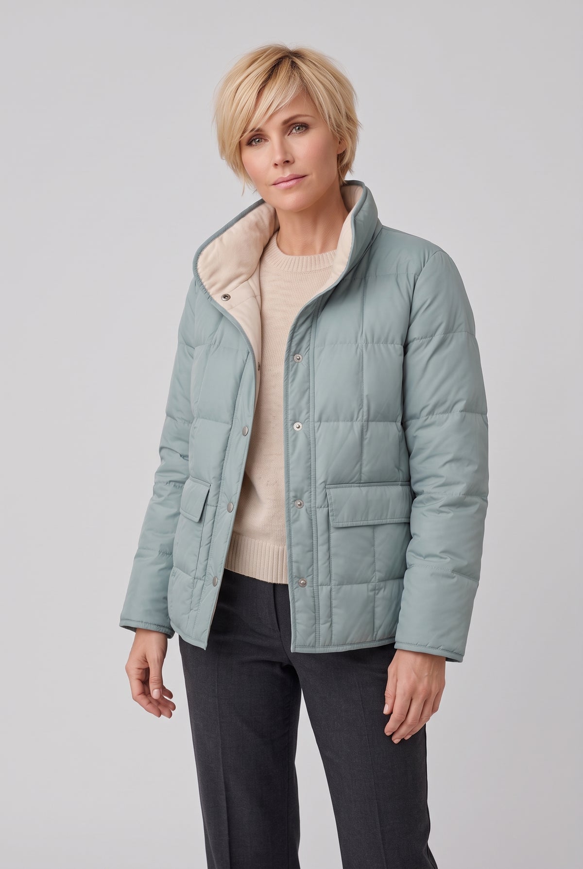 Women's Reversible Quilted Jacket with Stand Collar in Teal — studio front