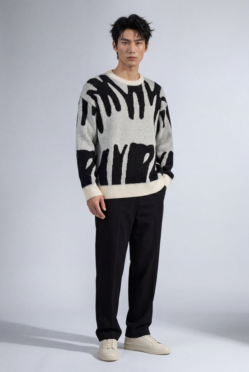 White Abstract Intarsia Relaxed Crew Neck Jumper - Knitted jumper - Photo 1