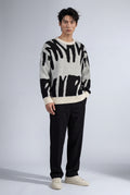 White Abstract Intarsia Relaxed Crew Neck Jumper - Knitted jumper - Photo 1