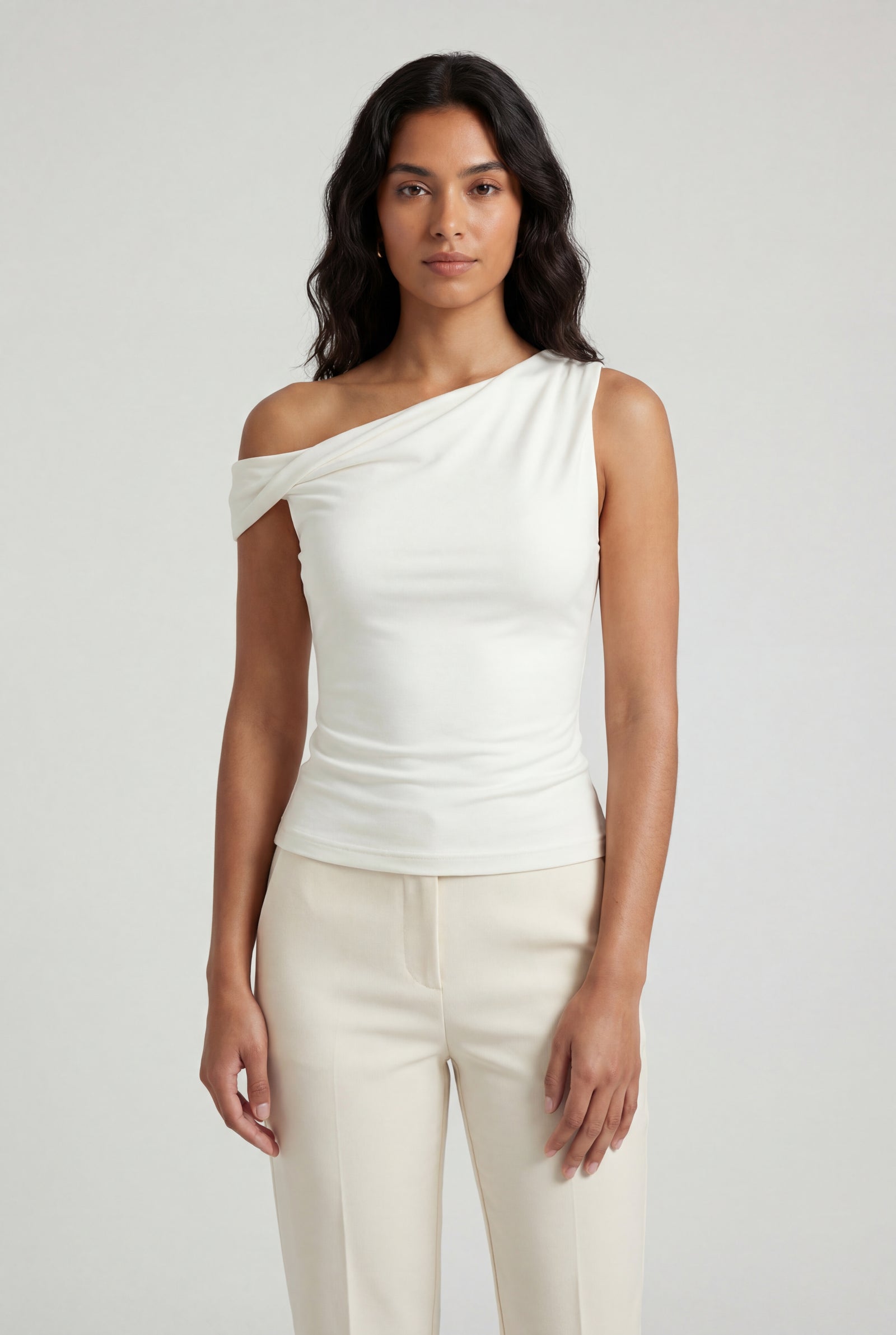 White Asymmetrical One Shoulder Draped Top with Single Sleeve - One shoulder top - Photo 1