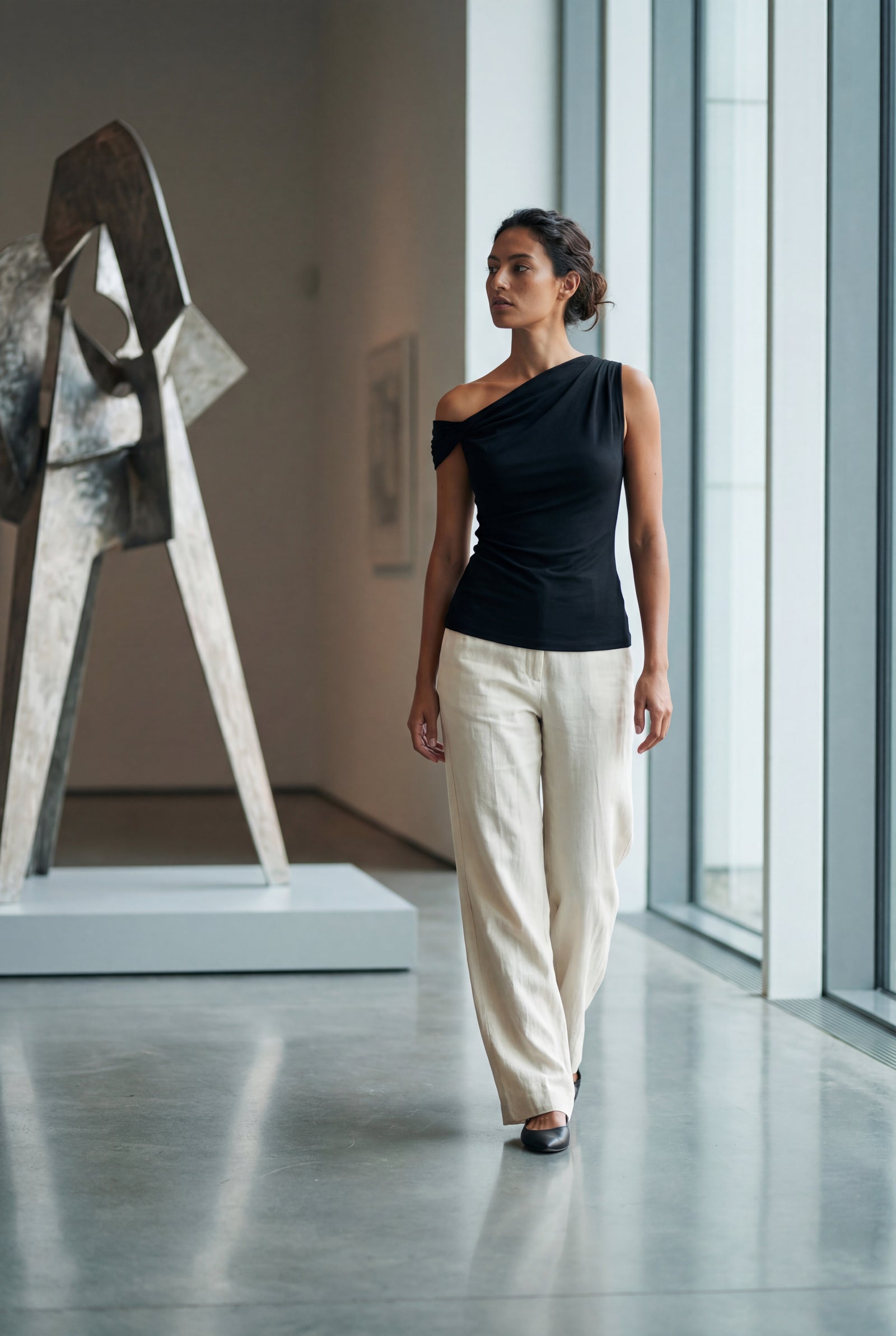 Black Asymmetrical One Shoulder Draped Top with Single Sleeve - One shoulder top - Photo 6