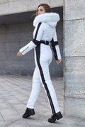 Belted Hooded Snow Suit in White — studio angle