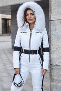 Belted Hooded Snow Suit in White — studio front