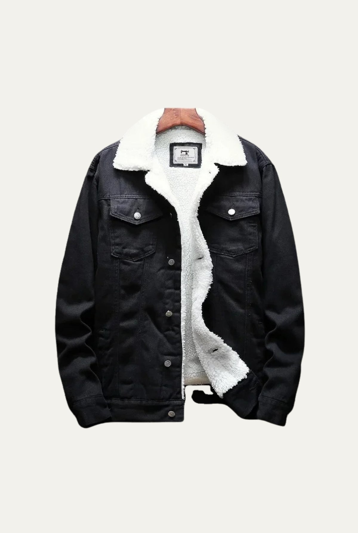 Fleece-Lined Denim Trucker Jacket in White-Black — front view