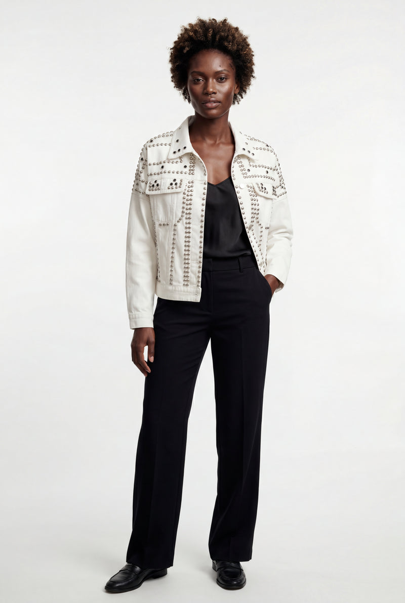 White Boxy Studded Cropped Jacket with Button Closure - Denim jacket - Photo 2