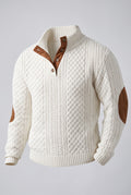 Cable Knit Quarter-Button Sweater in White — studio front