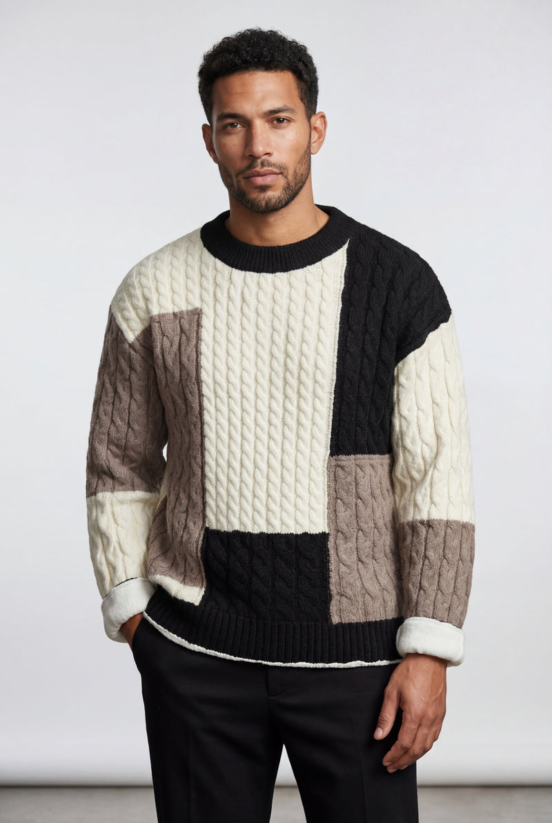 White Chunky Cable- Colorblock Crewneck Sweater - Photo 1