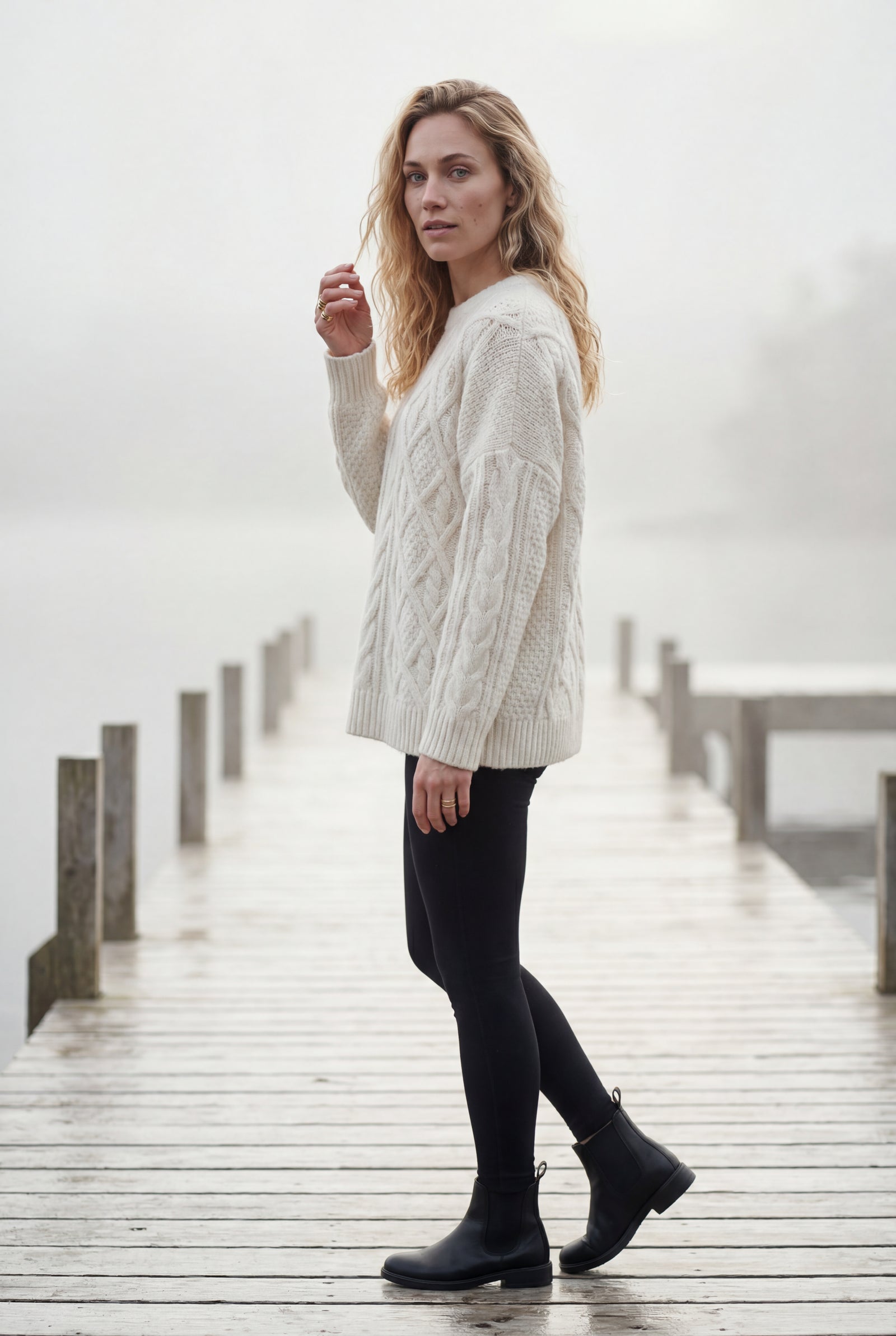White Chunky Cable Relaxed Crewneck Sweater - Chunky knit sweater - Photo 6