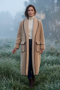 Khaki Contrast Trim Long Draped Coat with Shawl Collar - Long coat - Photo 11
