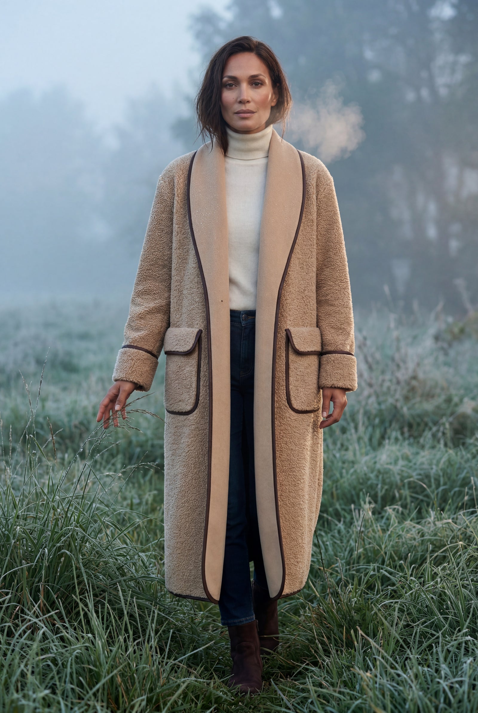 Khaki Contrast Trim Long Draped Coat with Shawl Collar - Long coat - Photo 11