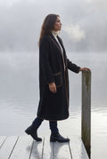 Black Contrast Trim Long Draped Coat with Shawl Collar - Long coat - Photo 17