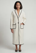 White Contrast Trim Long Draped Coat with Shawl Collar - Long coat - Photo 2