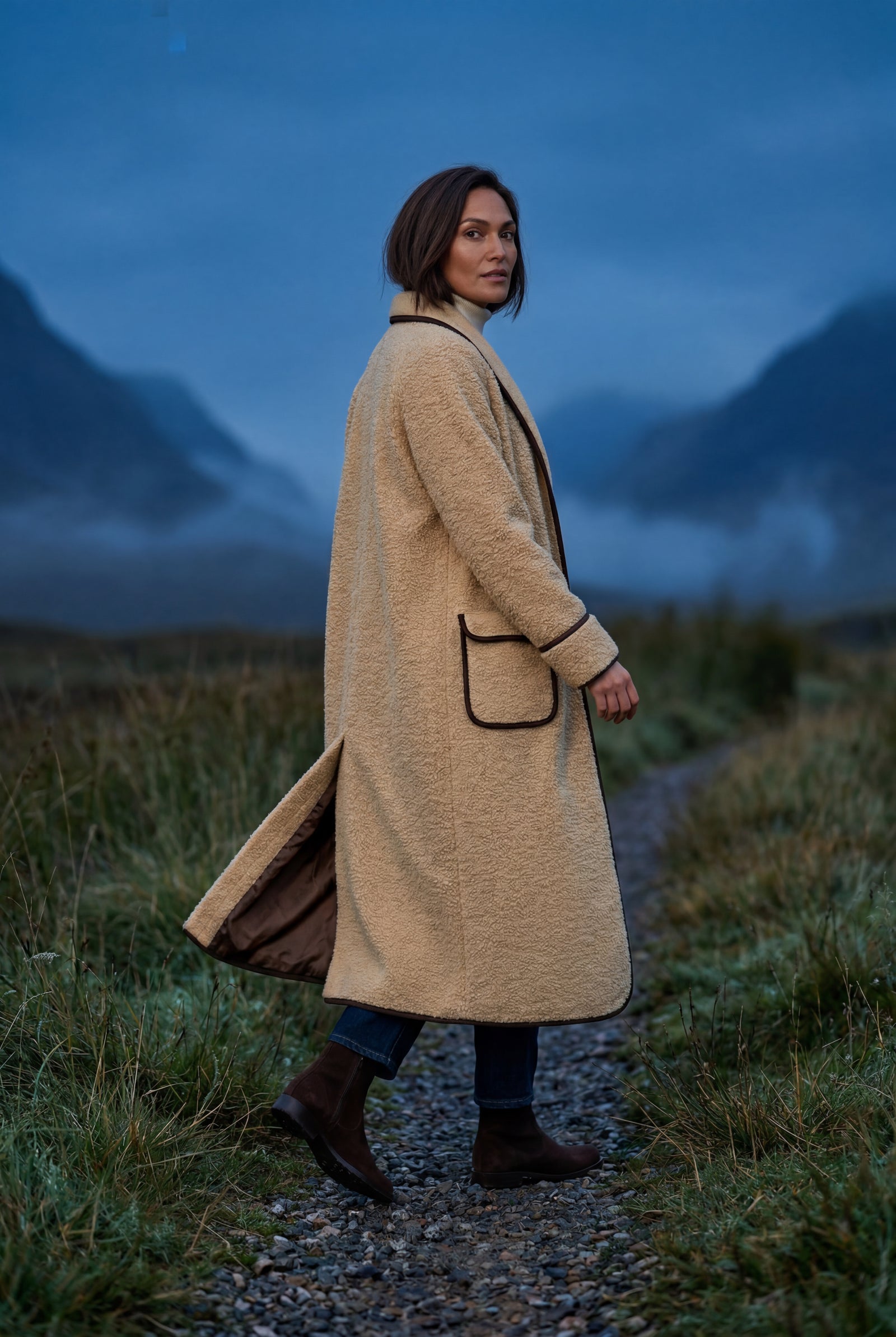 Khaki Contrast Trim Long Draped Coat with Shawl Collar - Long coat - Photo 7