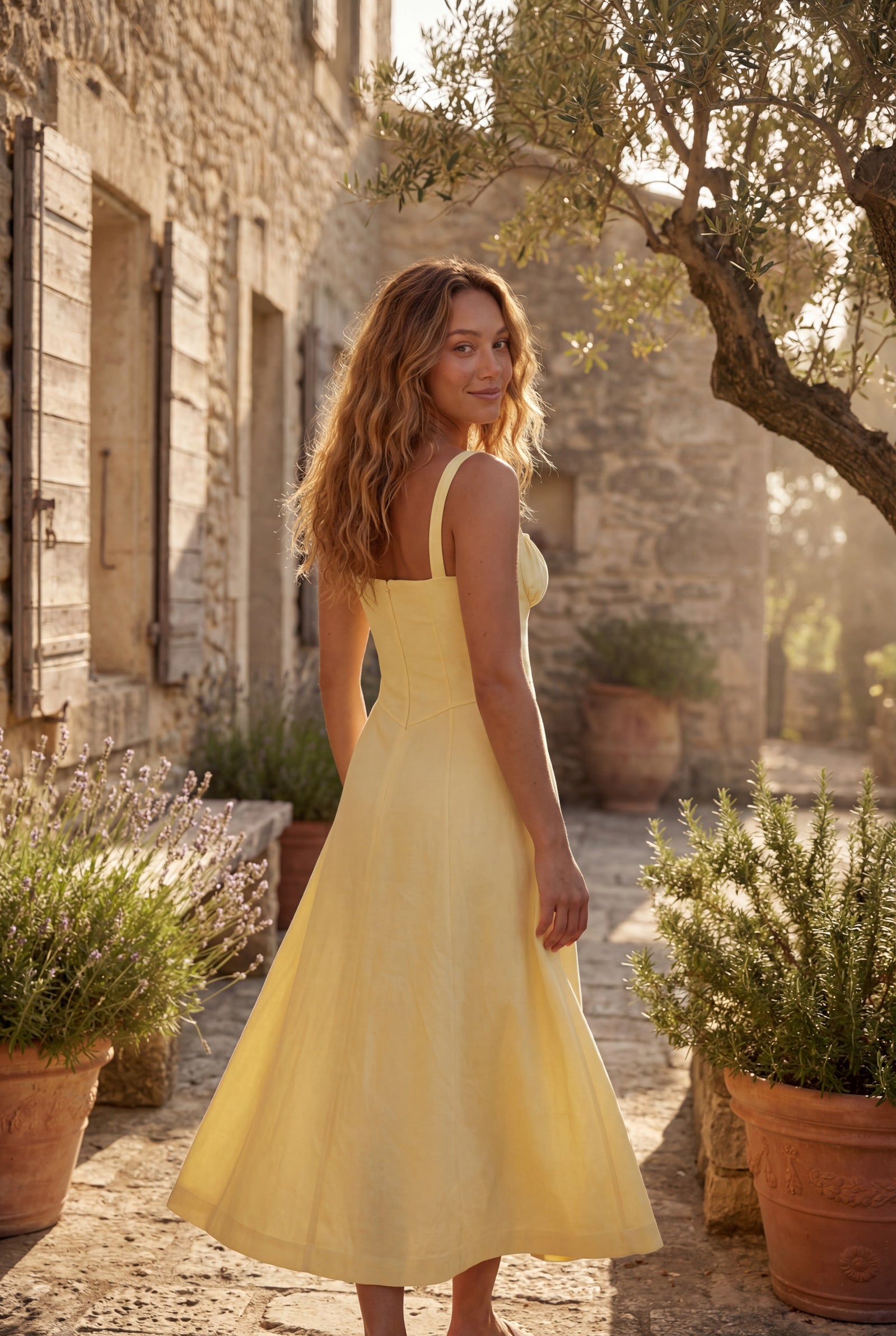 Yellow Corset Bodice A-line Midi Dress with Sweetheart Neckline - Photo 10