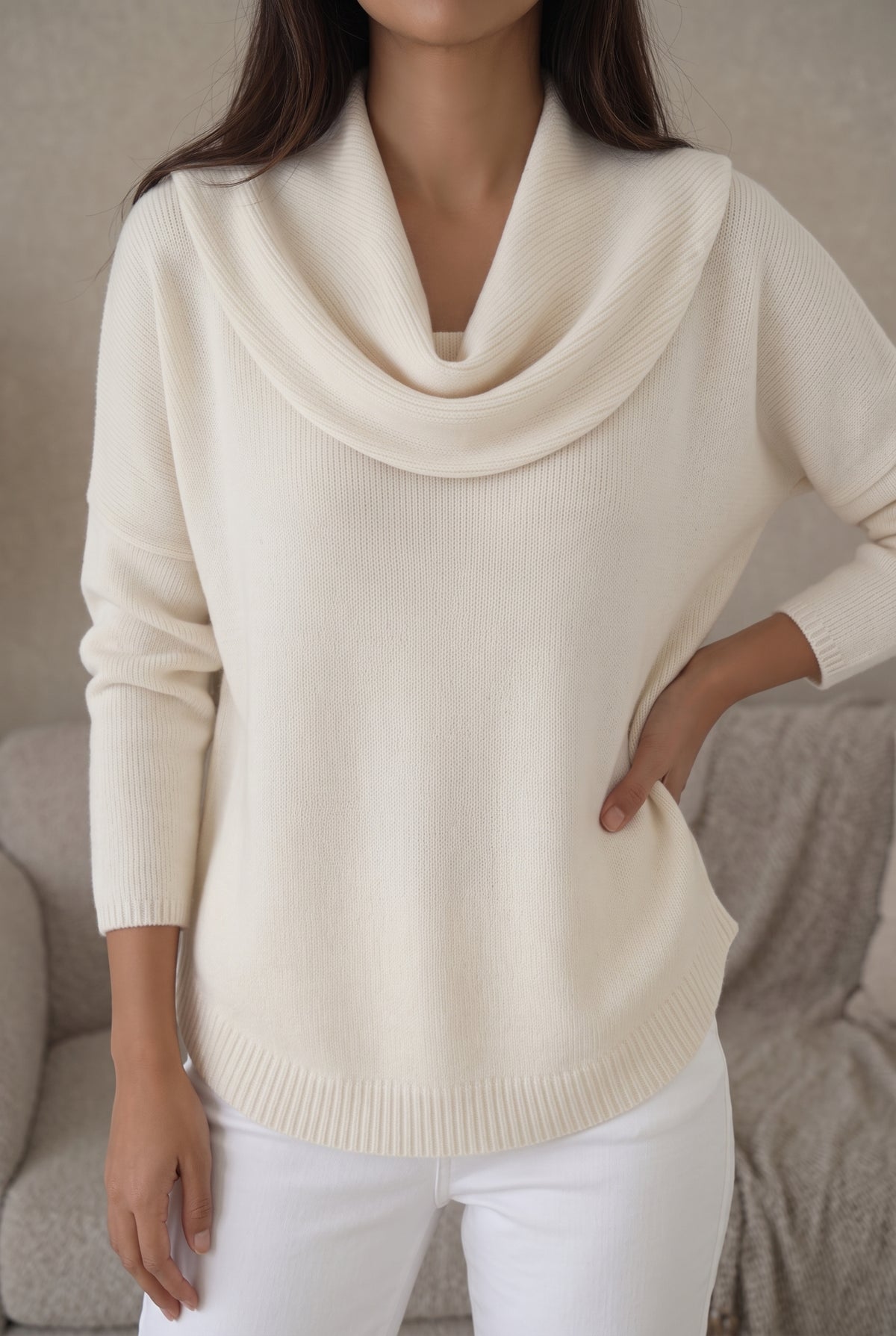 Cowl Neck Knit Sweater in White — studio front