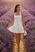 White Cream Halter Mini Dress with Gold Buttons - Photo 4