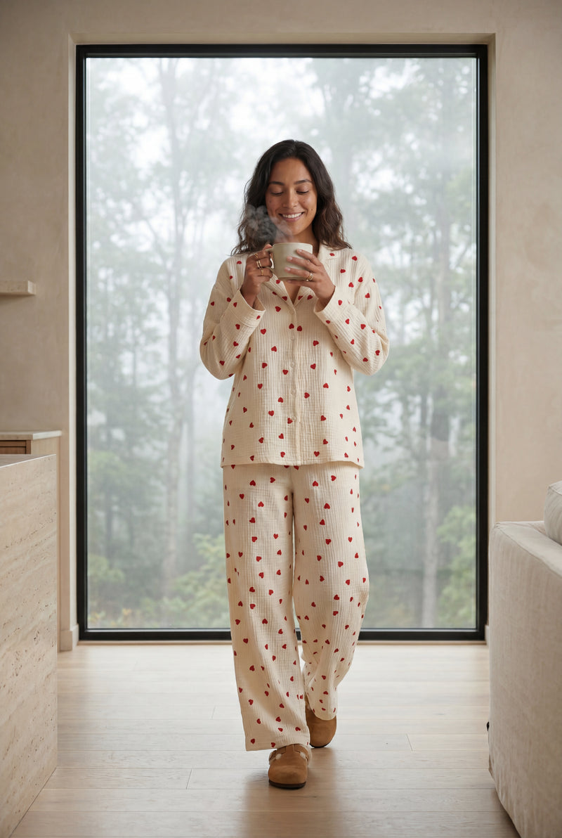 White Cream Heart Print Relaxed Pajama Set - Photo 4