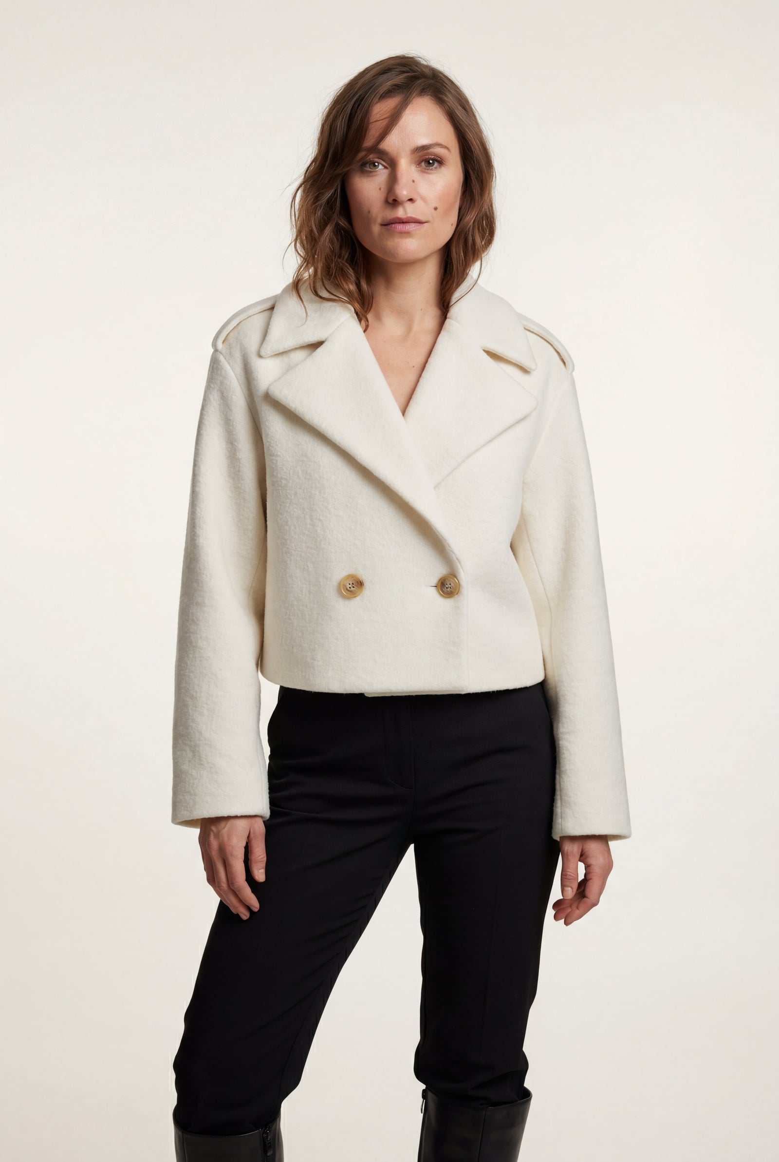 White Cropped Double-breasted Boxy Coat with Notched Lapel - Short coat - Photo 1