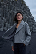 Gray Cropped Double-breasted Boxy Coat with Notched Lapel - Short coat - Photo 12