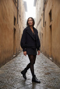Black Cropped Double-breasted Boxy Coat with Notched Lapel - Short coat - Photo 13