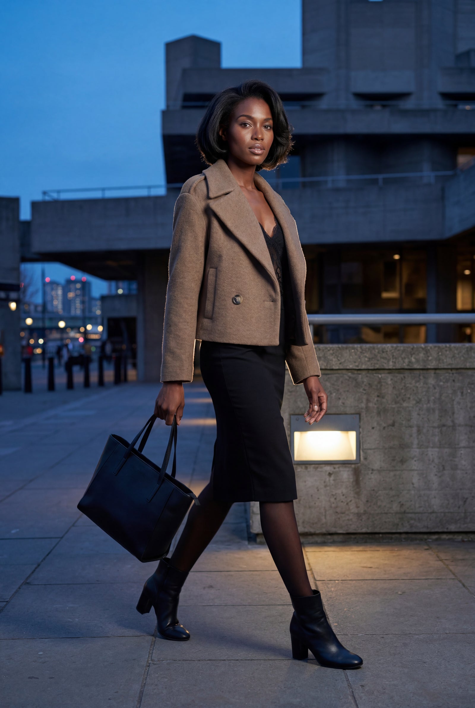 Brown Cropped Double-breasted Boxy Coat with Notched Lapel - Short coat - Photo 14