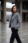 Gray Cropped Double-breasted Boxy Coat with Notched Lapel - Short coat - Photo 6