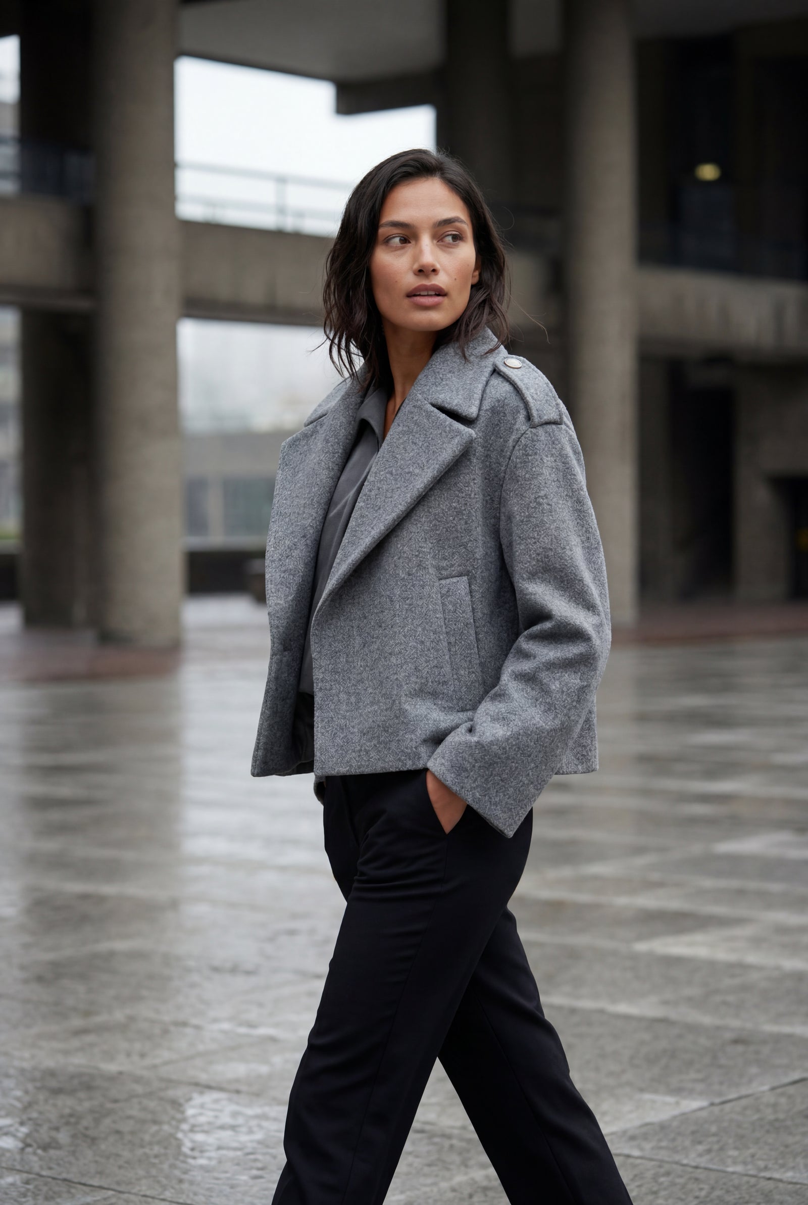Gray Cropped Double-breasted Boxy Coat with Notched Lapel - Short coat - Photo 6