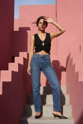Black Deep V-neck Cut-out Knitted Sleeveless Vest Top - Sleeveless tops - Photo 14