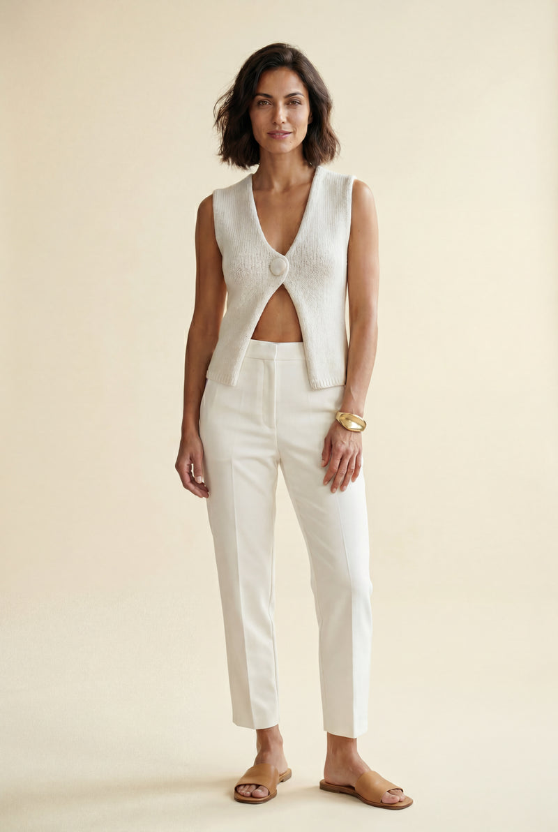 White Deep V-neck Cut-out Knitted Sleeveless Vest Top - Sleeveless tops - Photo 2