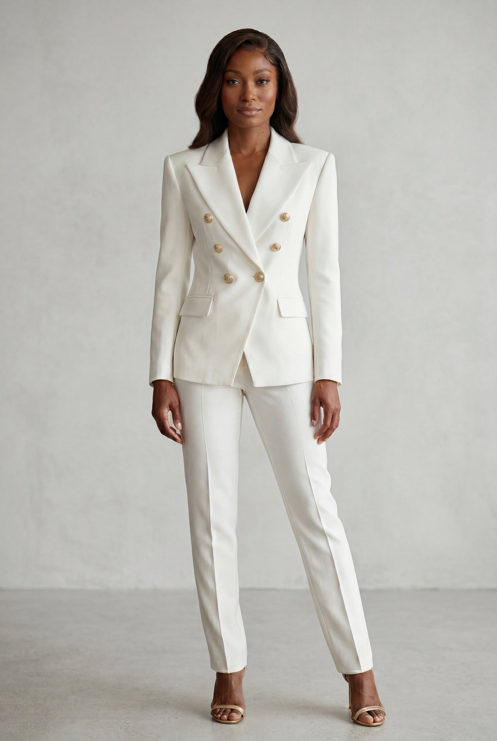 White Double-breasted Blazer and Slim Trouser Suit Set - Photo 20