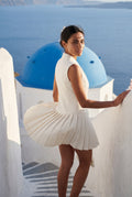 White Double-breasted Blazer Mini Dress with Pleated Skirt - Blazer dress - Photo 4