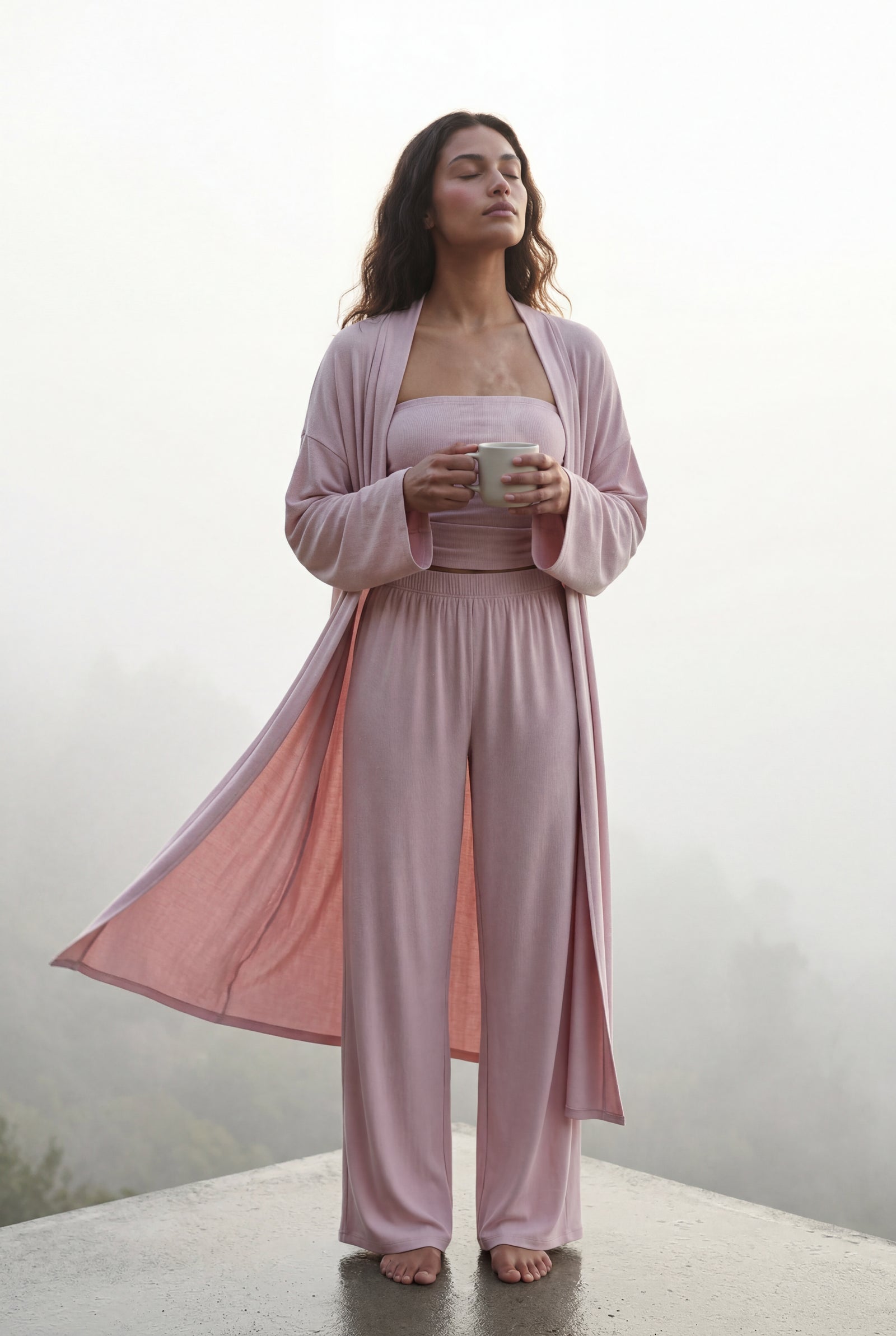 Baby Pink Drapey Three-piece Bandeau Loungewear Set with Duster Cardigan - Photo 7