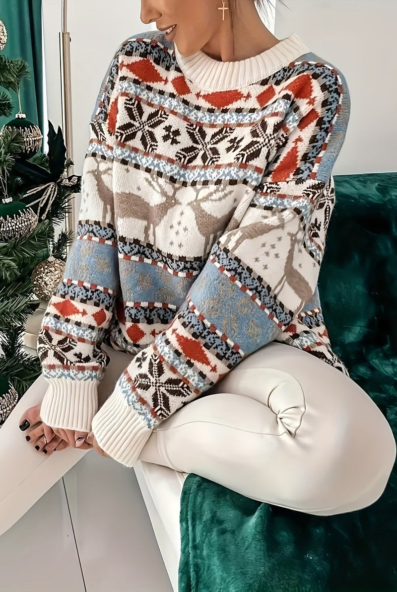 Fair Isle Crew-Neck Sweater in White — back