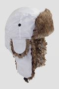 Faux Fur Lined Trapper Hat in White — studio front
