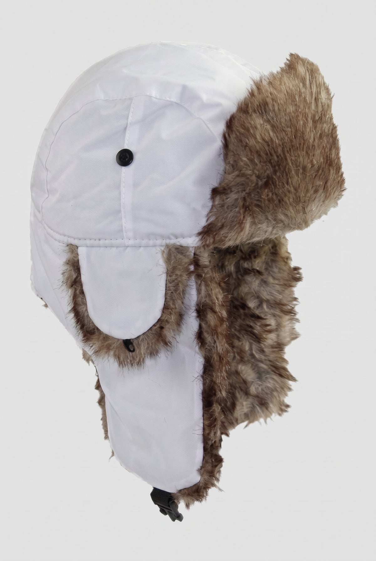 Faux Fur Lined Trapper Hat in White — studio front